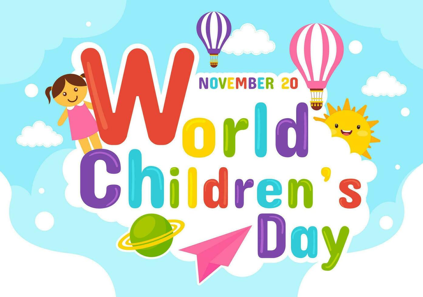 World Children's Day Vector Illustration on 20 November with Kids and Rainbow in Children Celebration Cartoon Bright Sky Blue Background Design