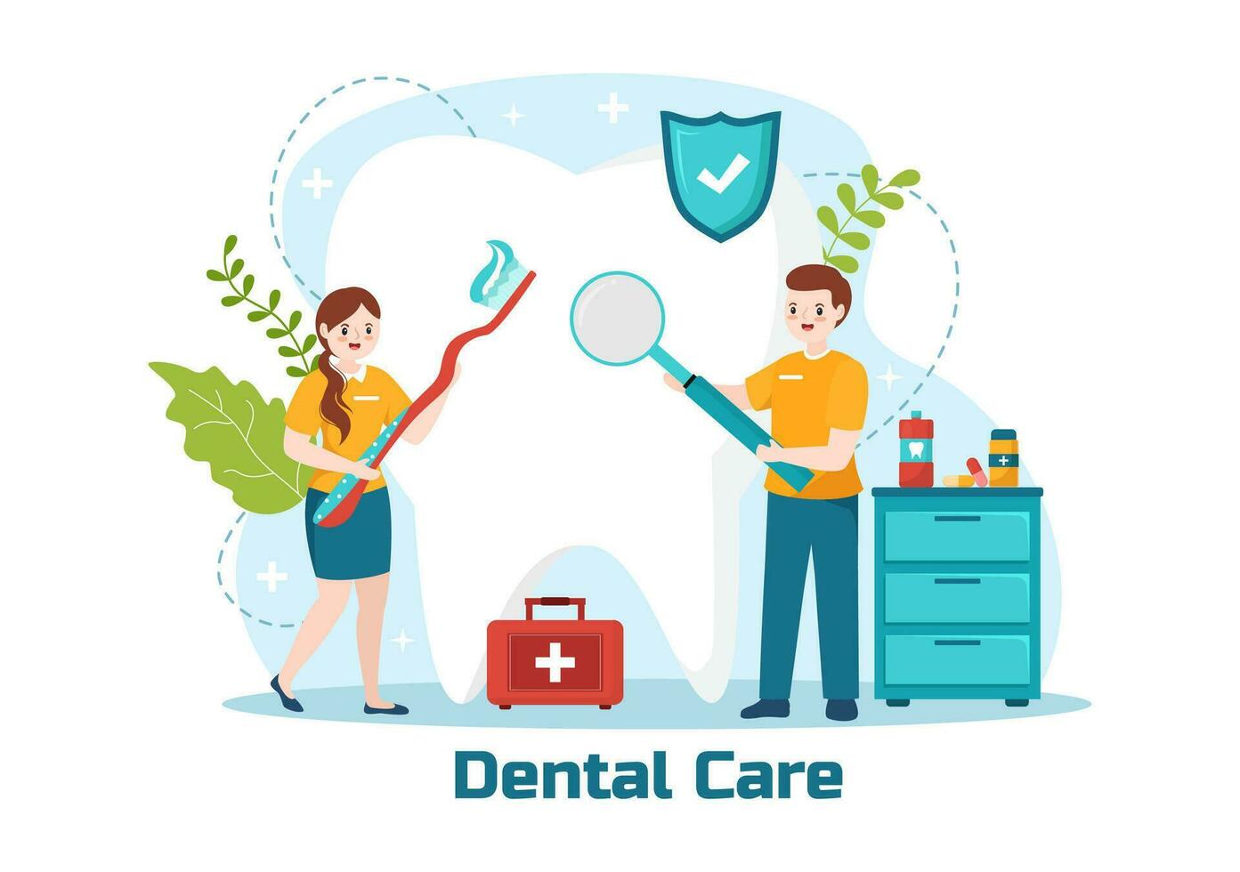 Dental Care Vector Illustration with Dentist Treating Human Teeth and Cleaning Using Medical Equipment in Healthcare Flat Cartoon Background Design