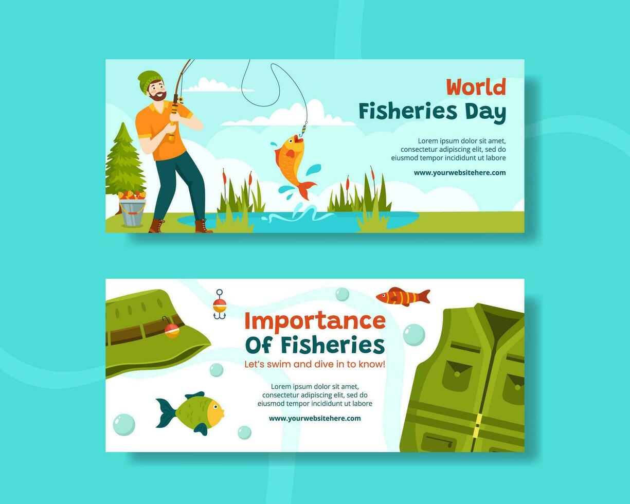 Fisheries Day Horizontal Banner Illustration Flat Cartoon Hand Drawn Templates Background vector