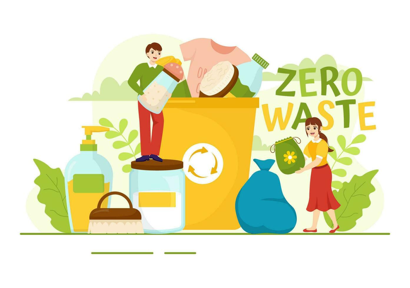 cero residuos vector ilustración de eco simpático con reciclable y reutilizable productos para salvar el planeta y Vamos verde en plano dibujos animados antecedentes