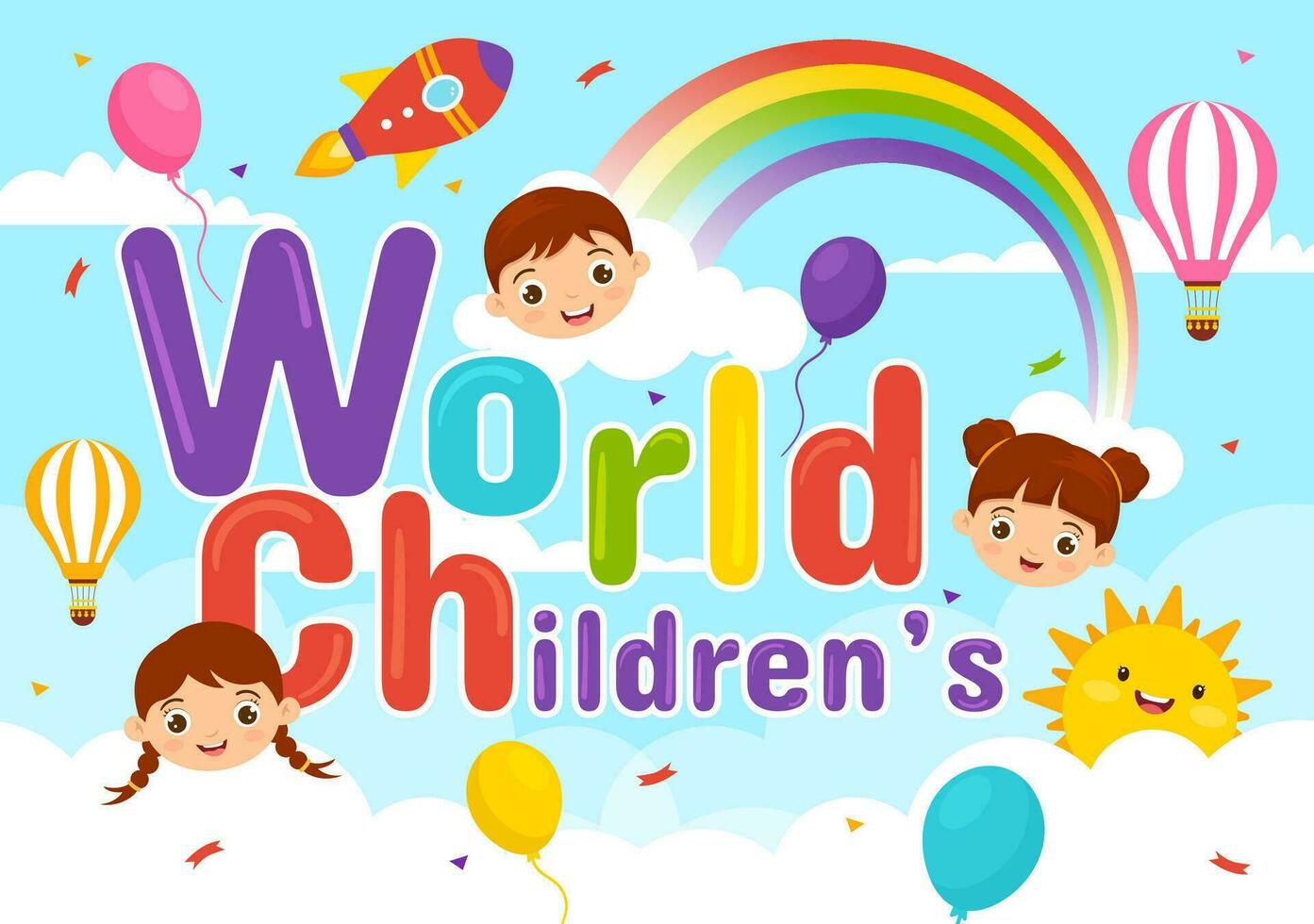 World Children's Day Vector Illustration on 20 November with Kids and Rainbow in Children Celebration Cartoon Bright Sky Blue Background Design