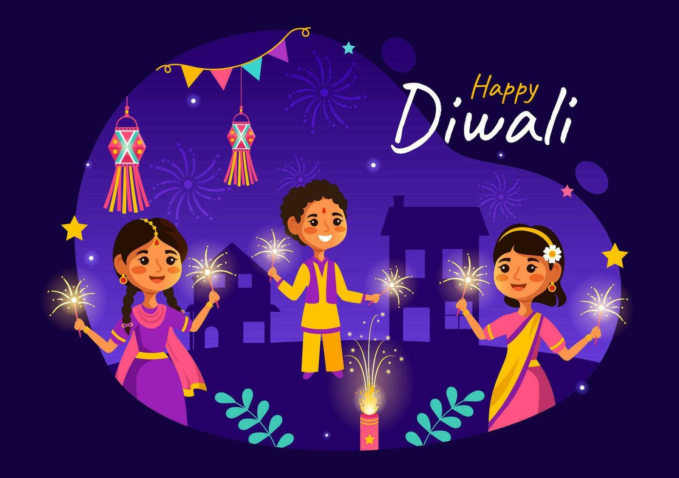 Happy Diwali Hindu Vector Illustration with Indian Rangoli and Fireworks Background for Light Festival of India in Flat Kids Cartoon Design