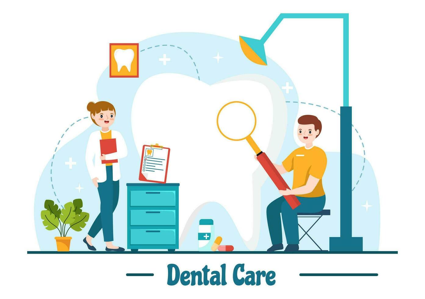 Dental Care Vector Illustration with Dentist Treating Human Teeth and Cleaning Using Medical Equipment in Healthcare Flat Cartoon Background Design