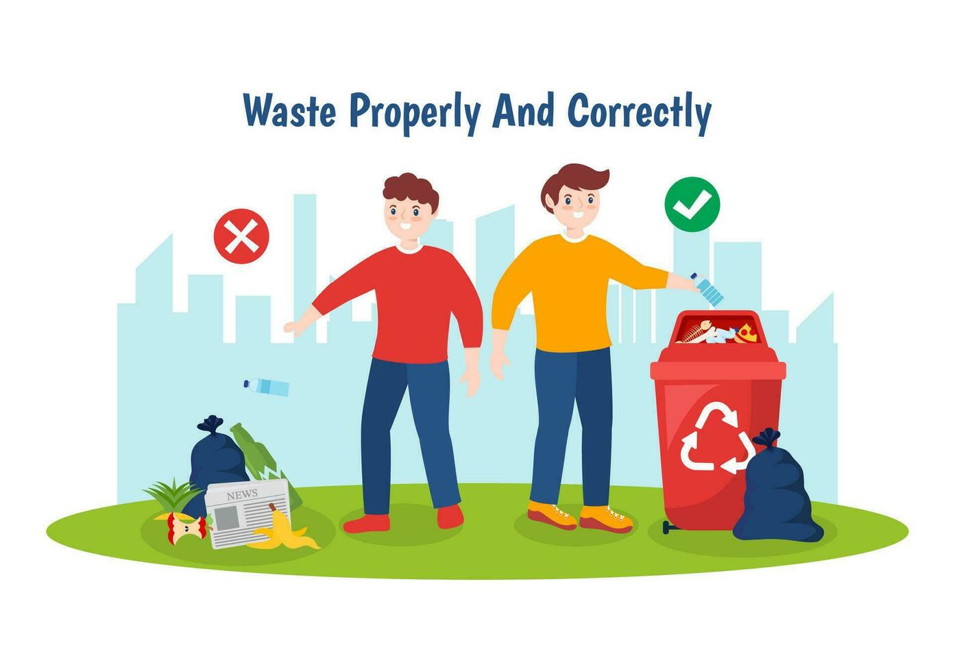 Waste Properly And Correctly Vector Illustration with Demonstration of Correct Garbage Sorting and Proper Disposal in Flat Cartoon Background Design