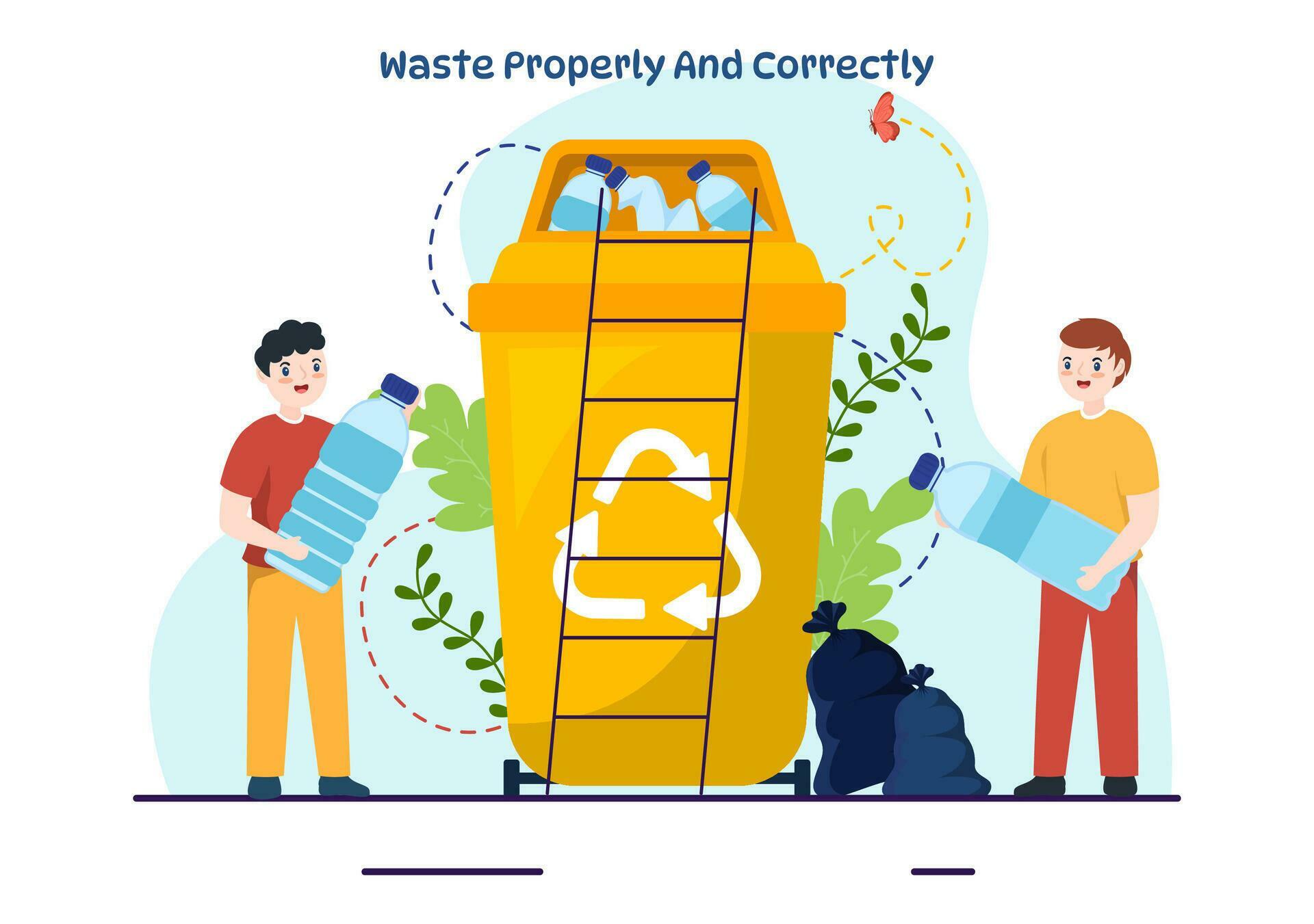 Waste Properly And Correctly Vector Illustration with Demonstration of Correct Garbage Sorting