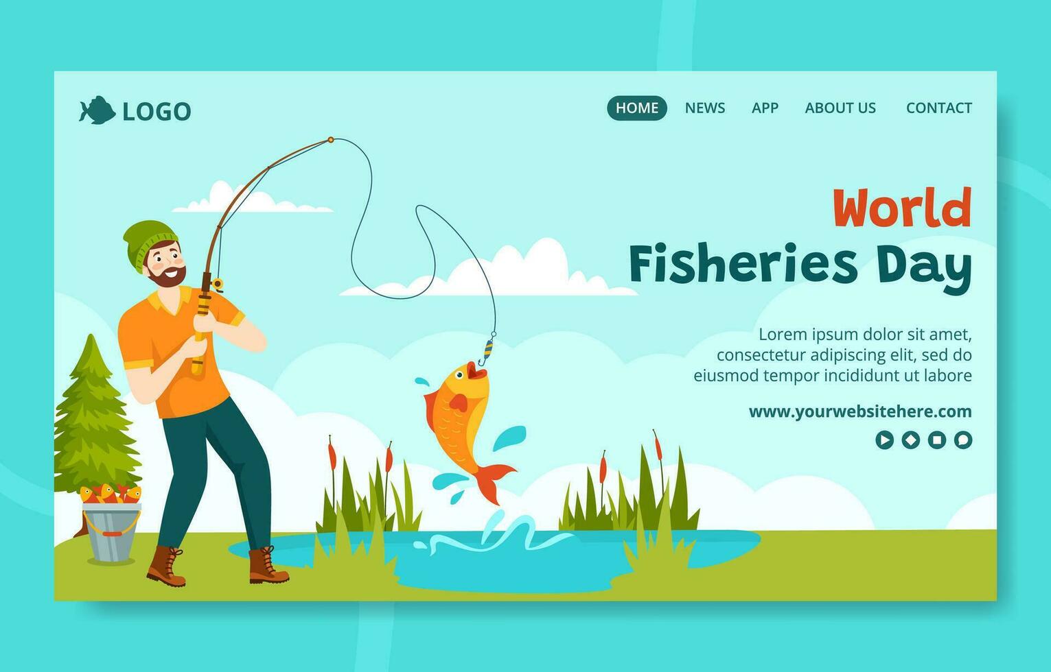 Fisheries Day Social Media Landing Page Illustration Cartoon Hand Drawn Templates Background vector