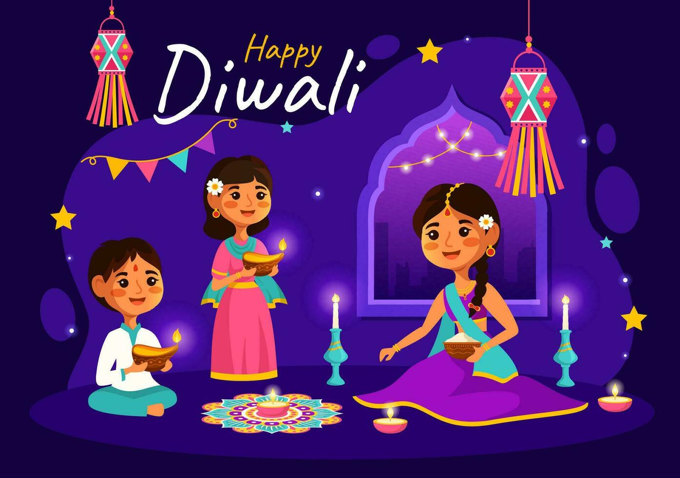 Happy Diwali Hindu Vector Illustration with Indian Rangoli and Fireworks Background for Light Festival of India in Flat Kids Cartoon Design