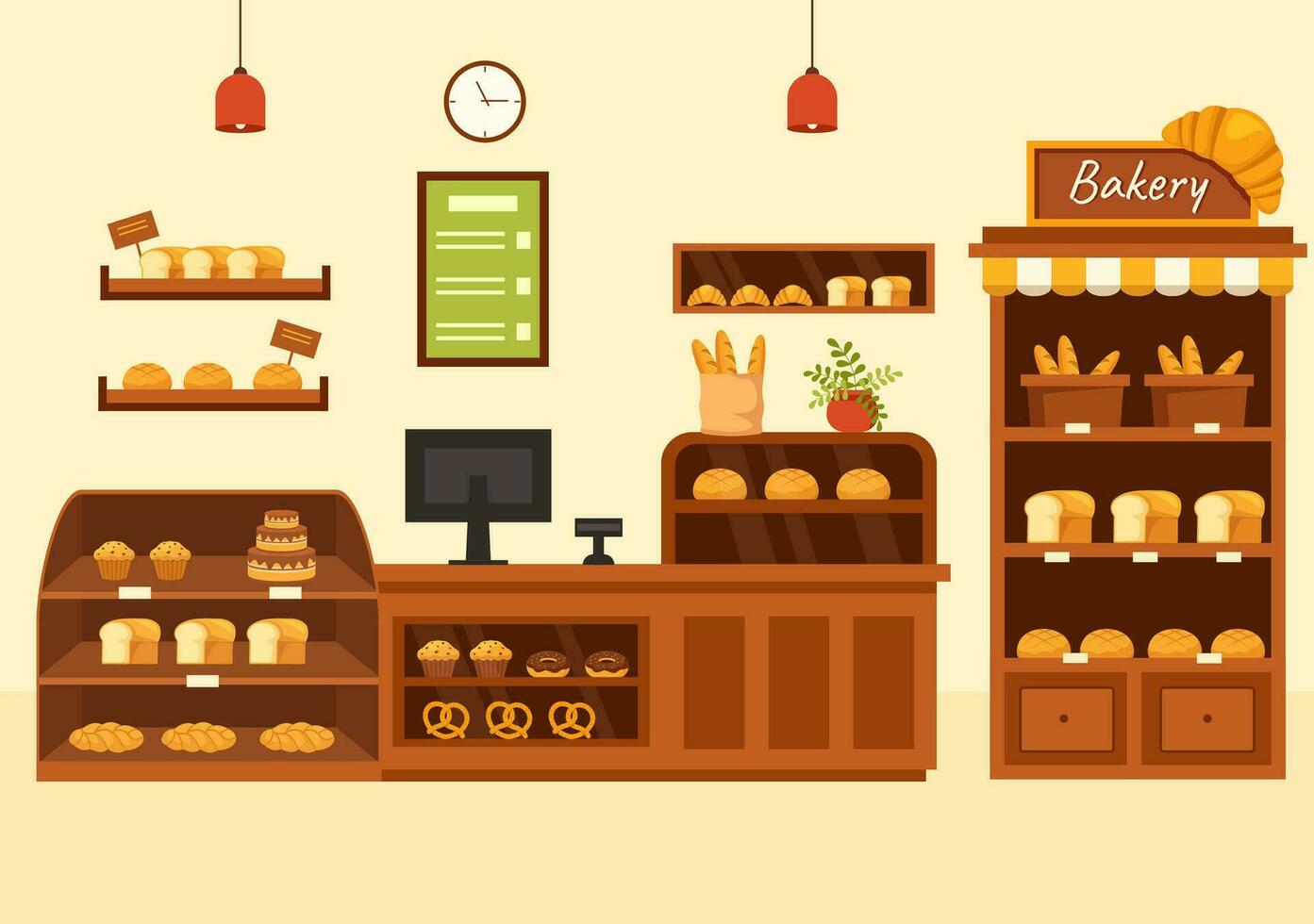 Bakery Store Vector Illustration with Various Types of Bread Products for Sale and Shop Interior in Flat Cartoon Background Design Template