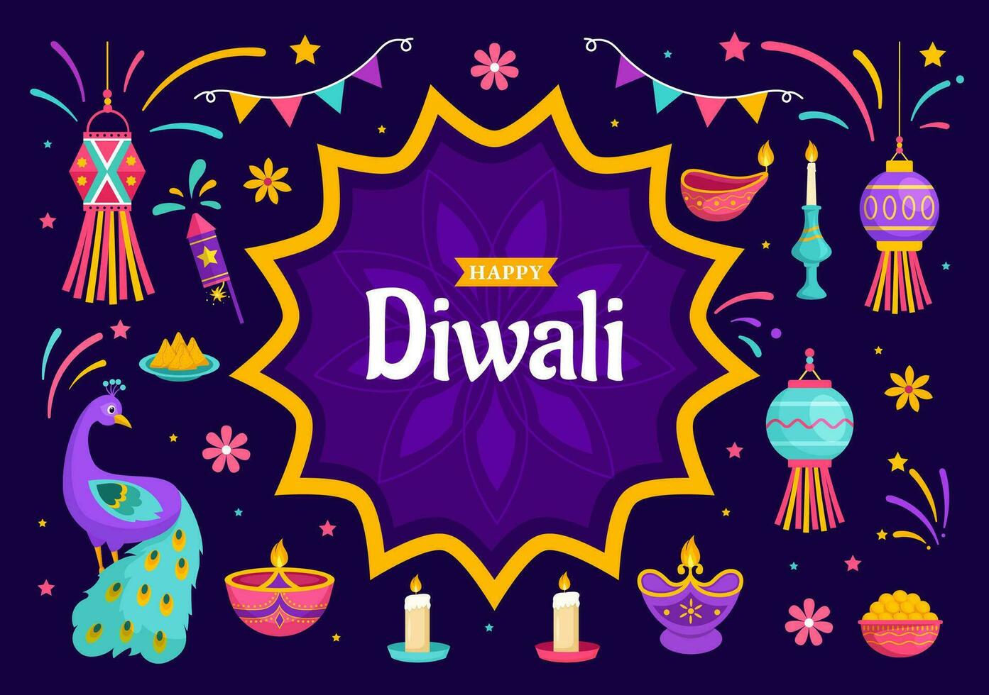 contento diwali hindú vector ilustración con indio rangoli y fuegos artificiales antecedentes para ligero festival de India en plano niños dibujos animados diseño