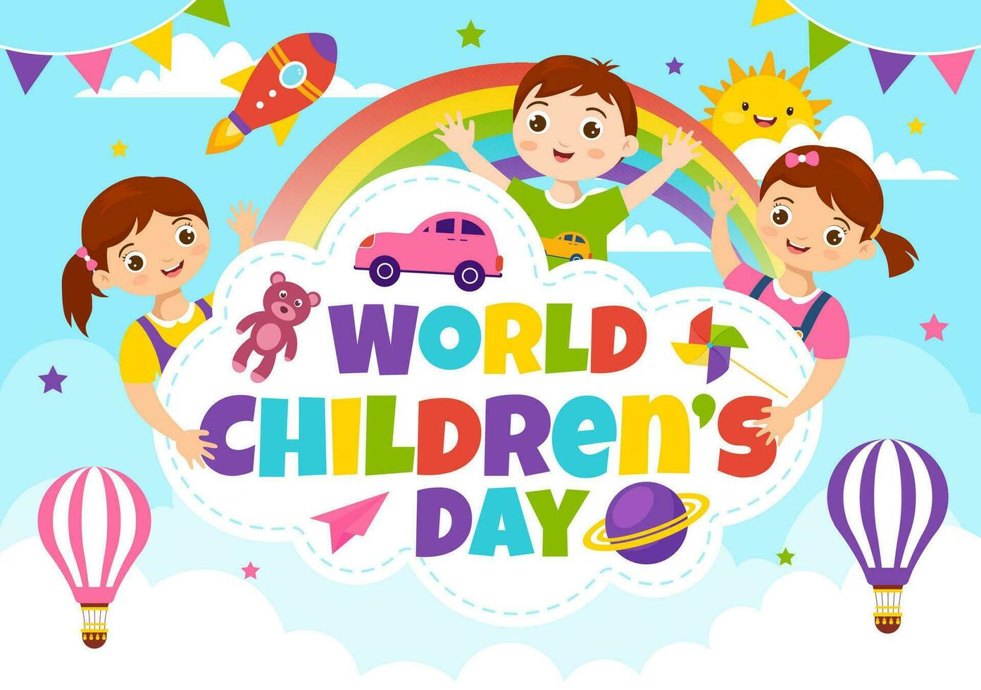 World Children's Day Vector Illustration on 20 November with Kids and Rainbow in Children Celebration Cartoon Bright Sky Blue Background Design