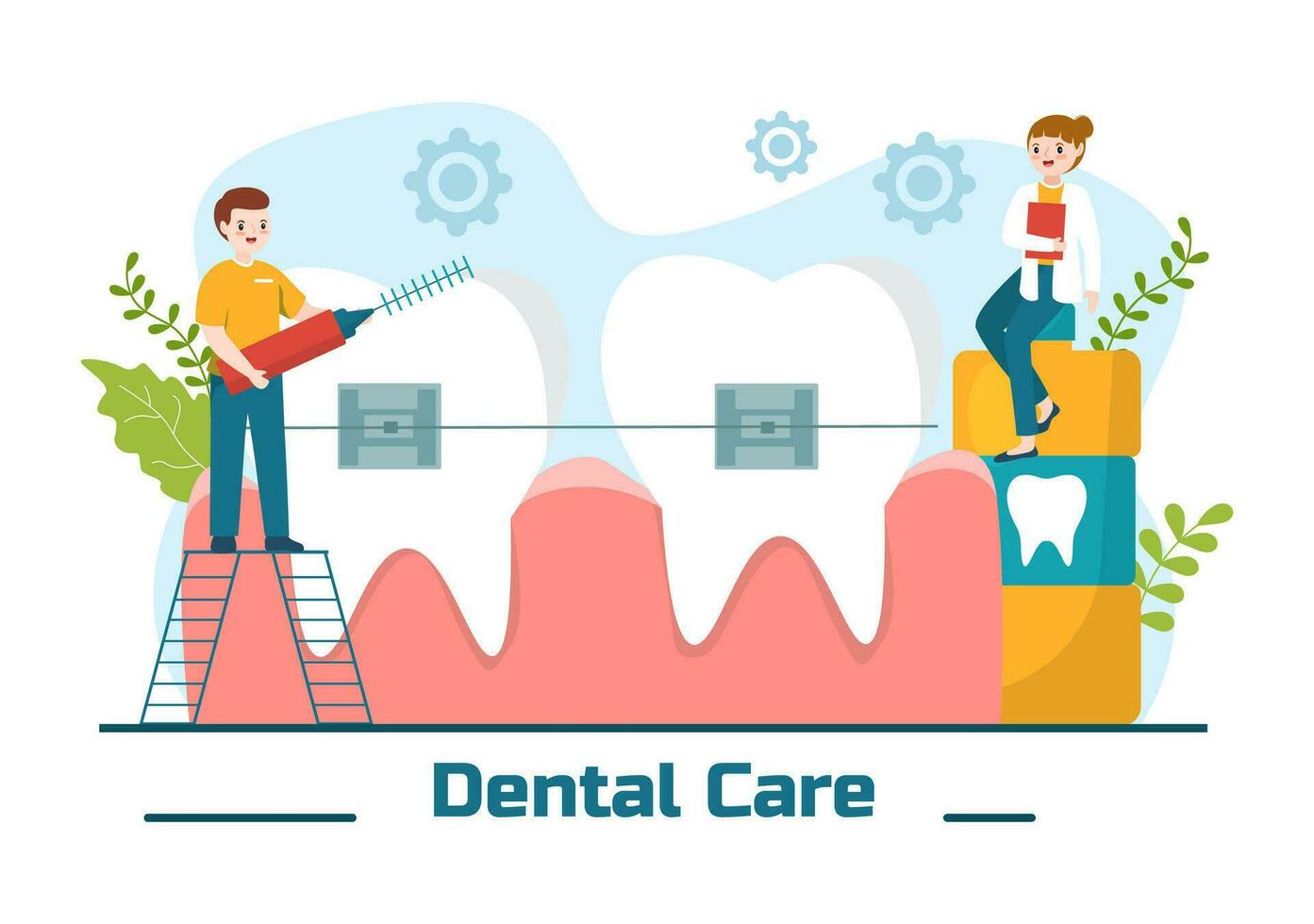 dental cuidado vector ilustración con dentista tratando humano dientes y limpieza utilizando médico equipo en cuidado de la salud plano dibujos animados antecedentes diseño