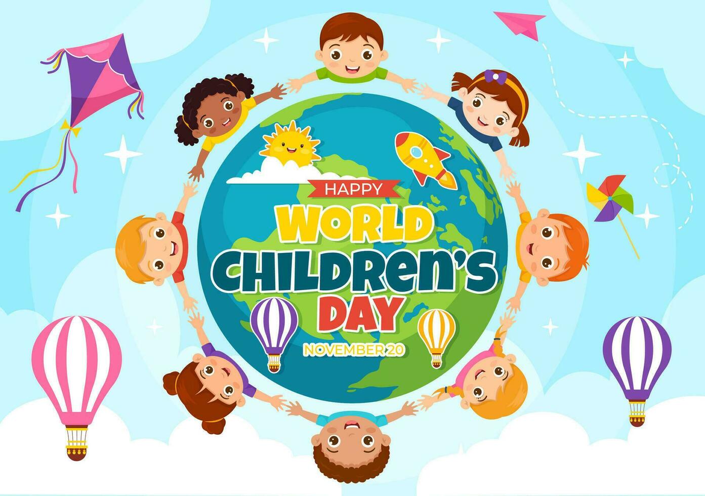 World Children's Day Vector Illustration on 20 November with Kids and Rainbow in Children Celebration Cartoon Bright Sky Blue Background Design