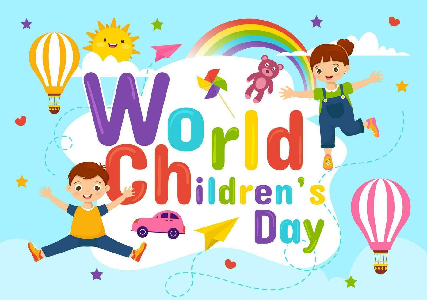 mundo para niños día vector ilustración en 20 noviembre con niños y arco iris en niños celebracion dibujos animados brillante cielo azul antecedentes diseño