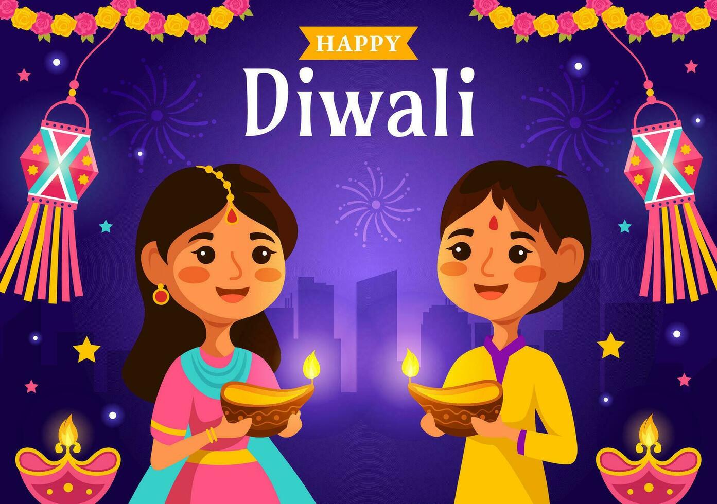 contento diwali hindú vector ilustración con indio rangoli y fuegos artificiales antecedentes para ligero festival de India en plano niños dibujos animados diseño