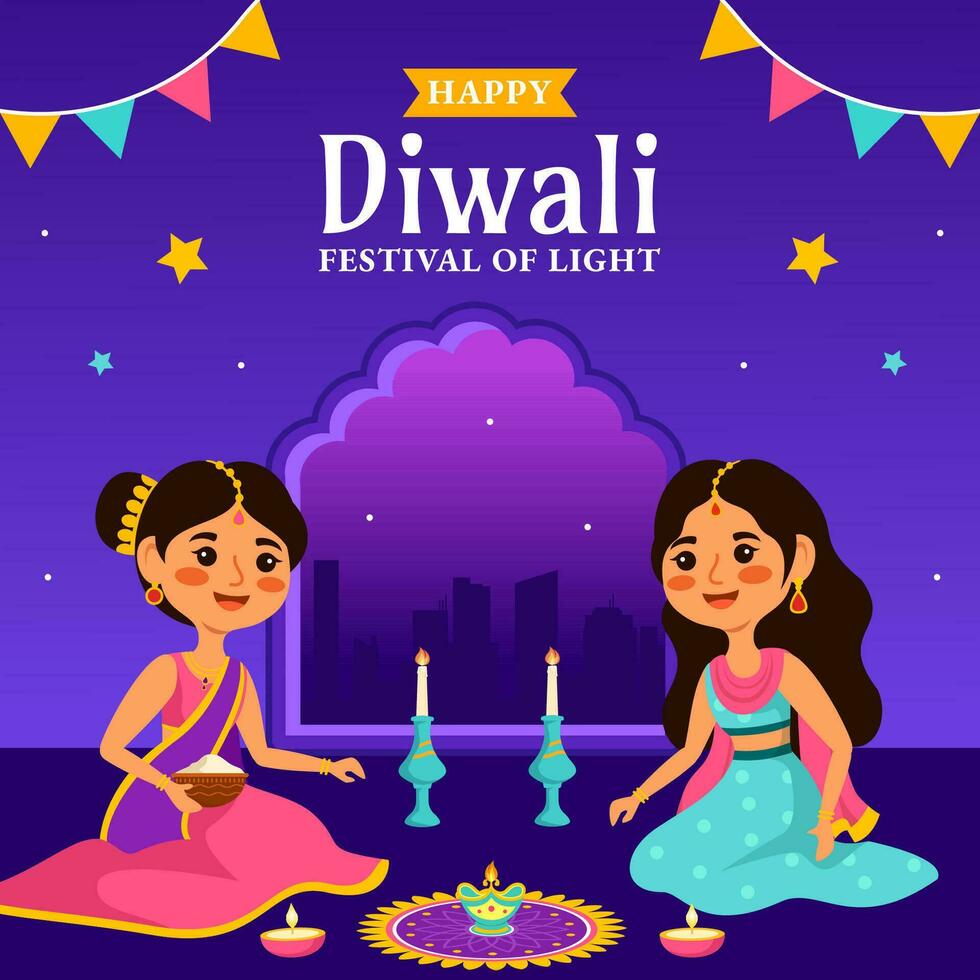 Happy Diwali Social Media Illustration Flat Cartoon Hand Drawn Templates Background vector