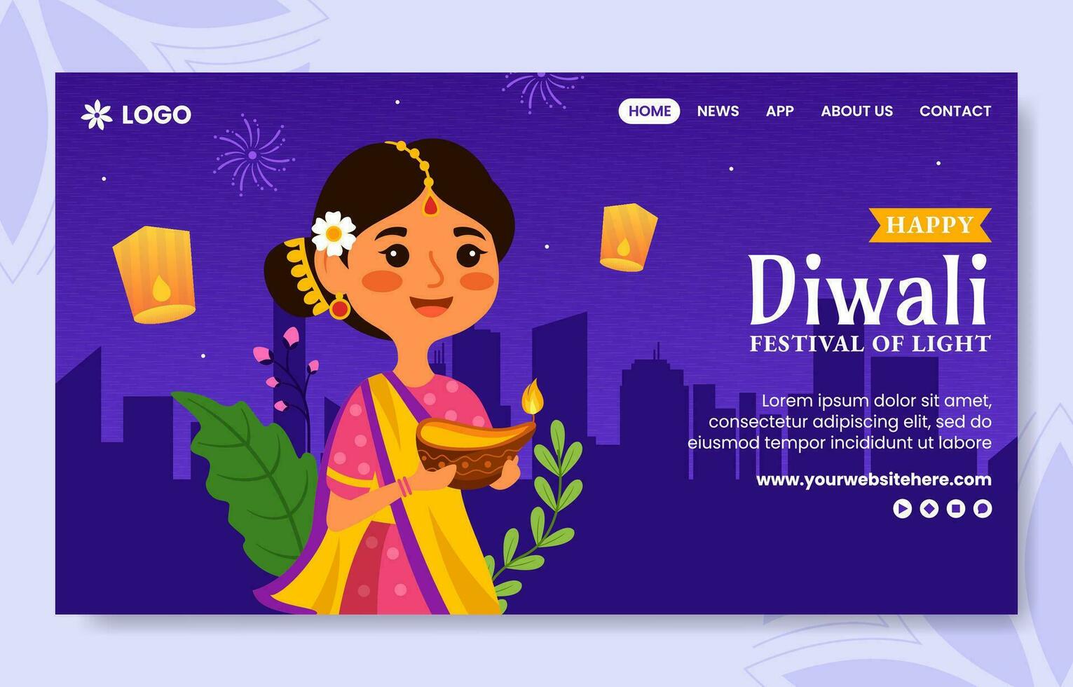 Happy Diwali Social Media Landing Page Cartoon Hand Drawn Templates Background Illustration vector