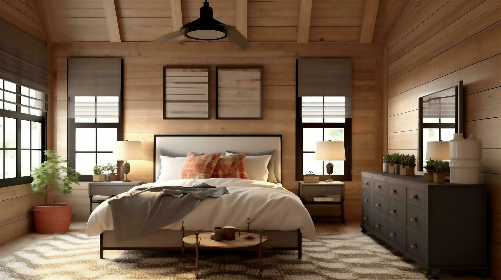 Generative AI, Rustic Modern Farmhouse Bedroom Design photo