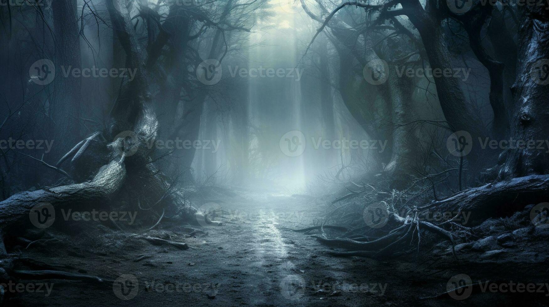 Ethereal Journey Ghostly Figures in the Misty Forest, AI Generative photo