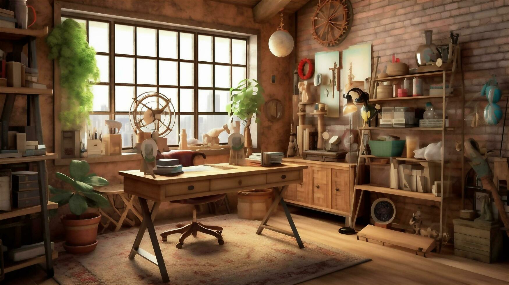 Generative AI, Cozy Home Office with Rustic Charm photo