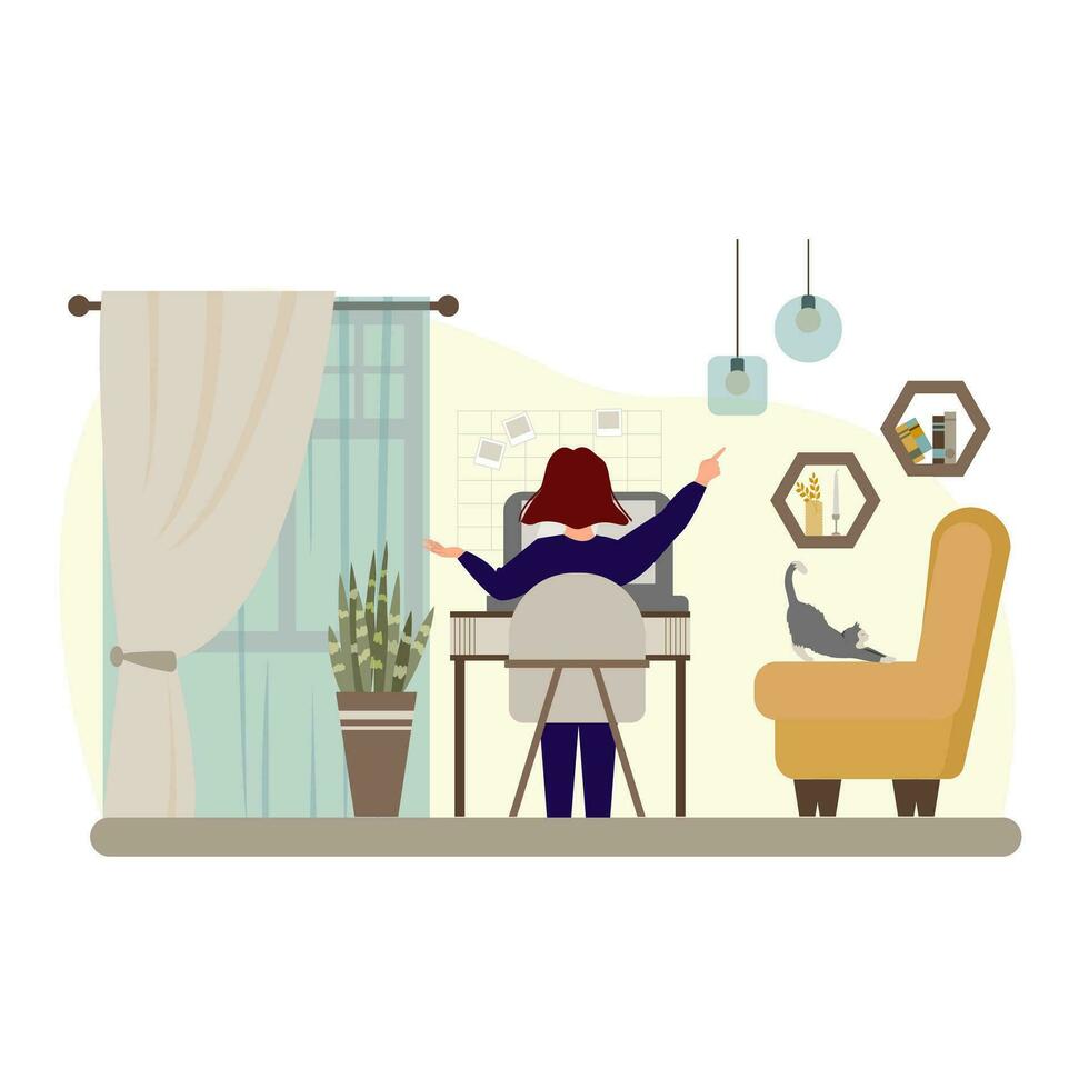 Student Learning Online at Home. Character Sitting at Desk, Looking at Laptop and Studying with Smartphone, Books and Exercise Books. Online Education Concept. Flat Vector Illustration.