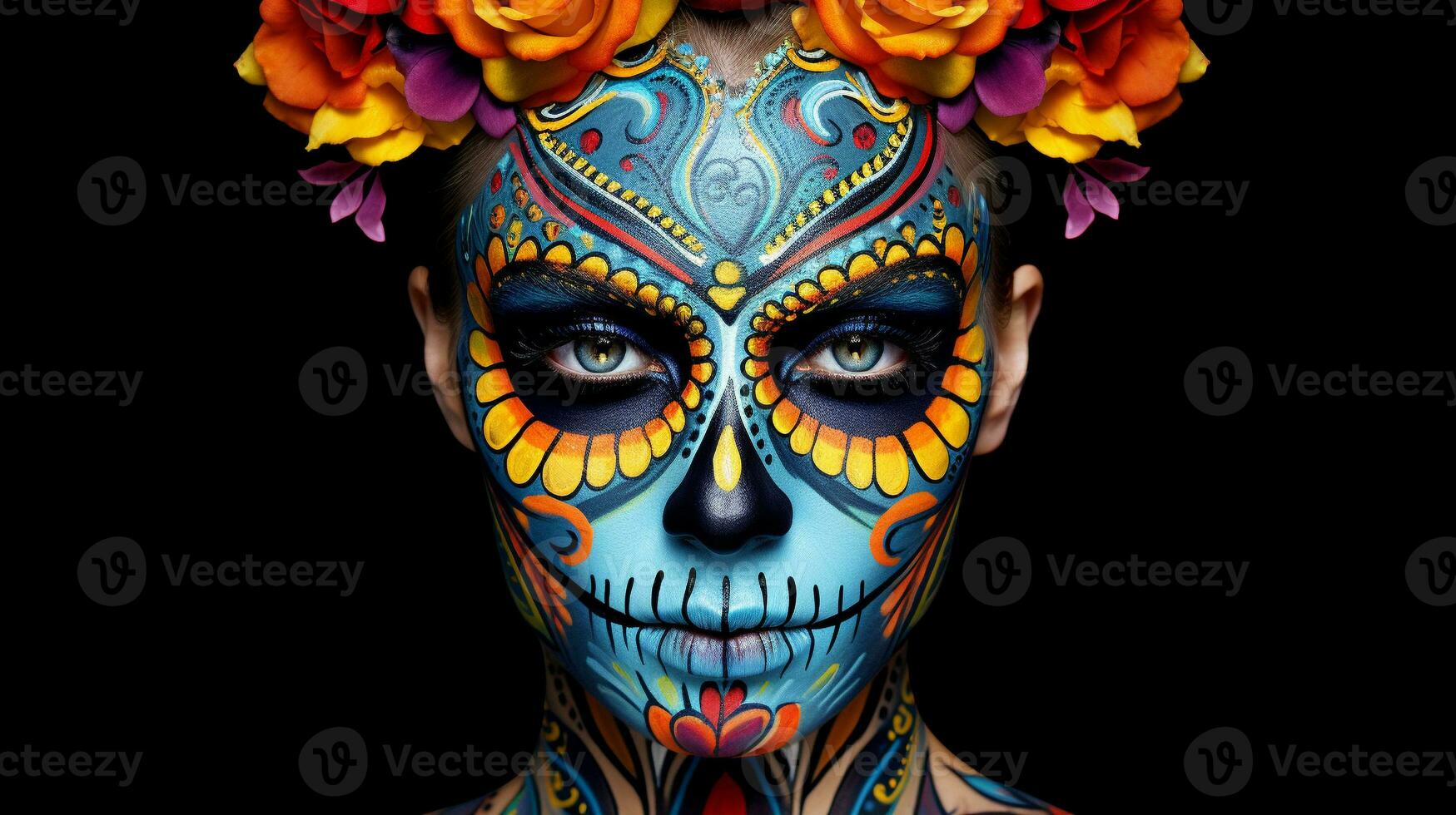 Festive Calavera Face Paint Dia de los Muertos, AI Generative photo