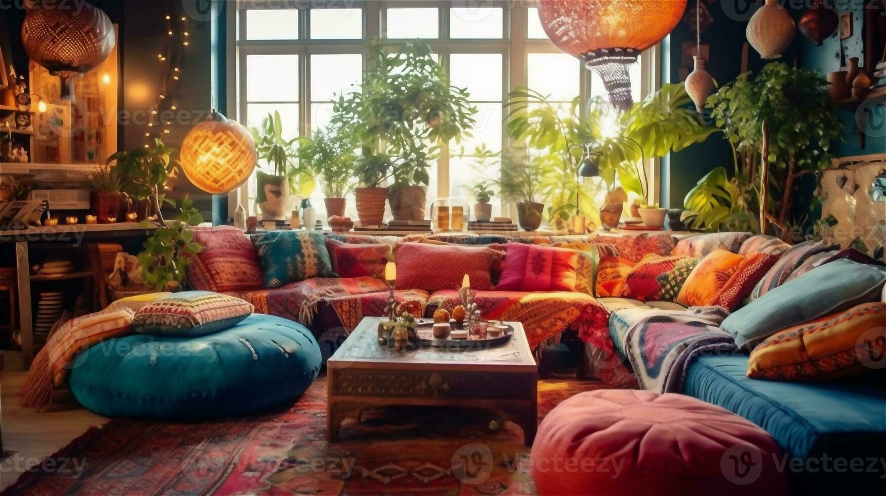 Generative AI, Bohemian Oasis A Colorful and Eclectic Living Room photo