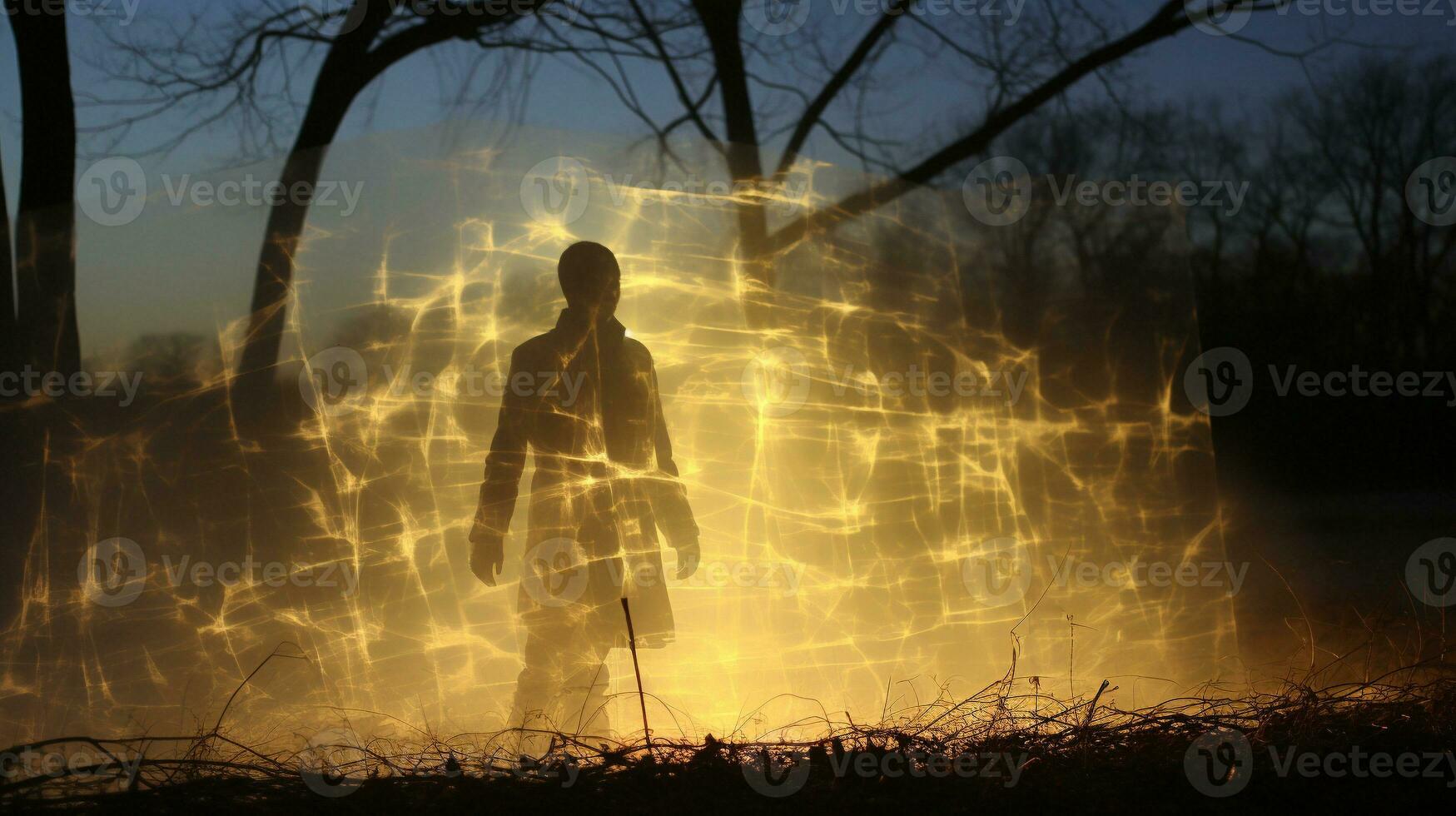 generativo ai, un transparente figura en medio de el lleno de anochecer bosque foto