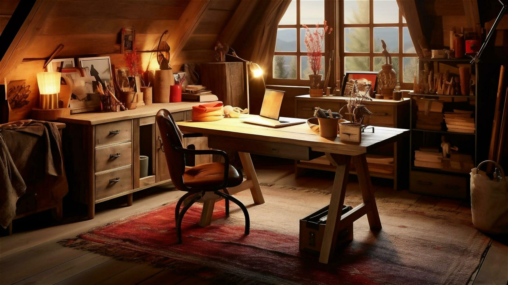Generative AI, Cozy Home Office with Rustic Charm photo