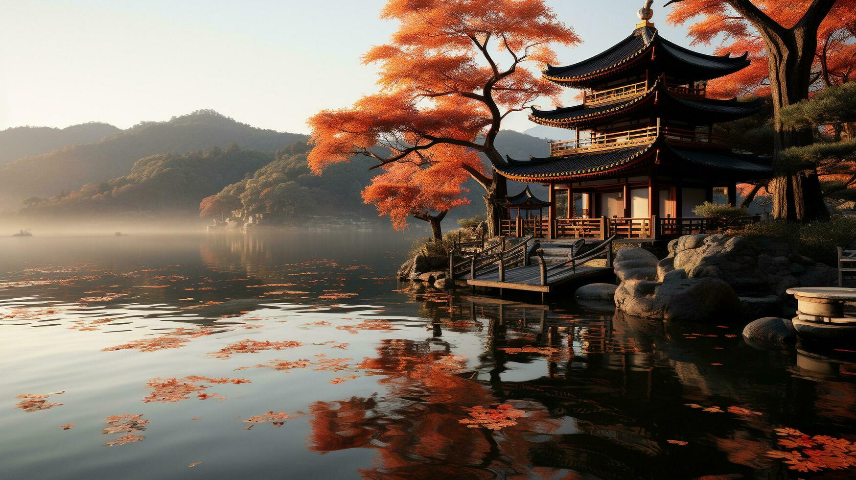 A Famous Landmark in a Serene Mirror-Like Lake, Generative AI photo