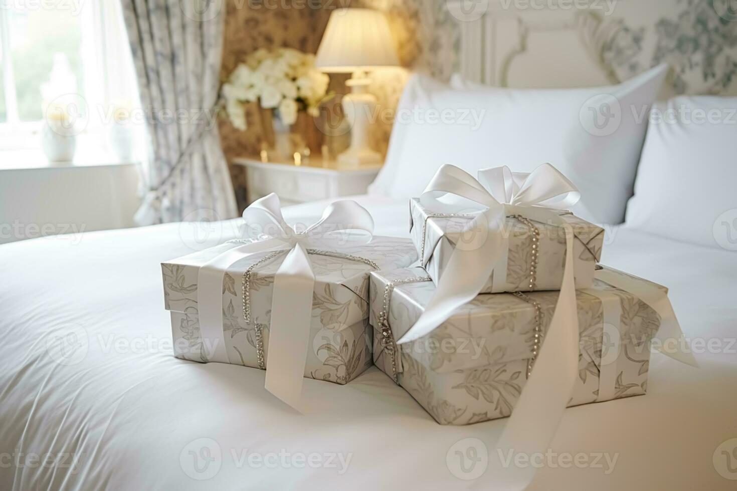 Wedding gifts and flowers in an elegant white bedroom, generative ai photo