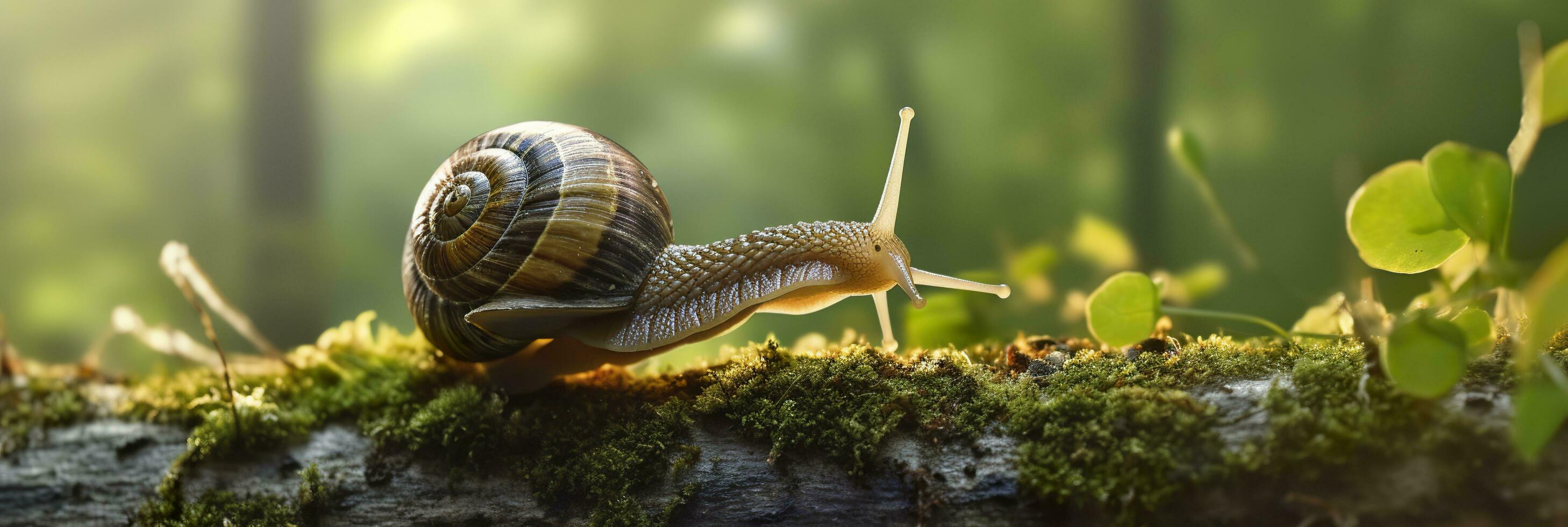 A Journey Through the Forest. Close-up of a Snail in the Forest with Natural Background. AI Generative photo