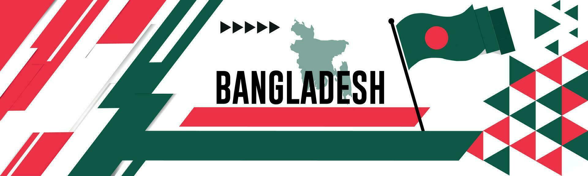 BANGLADESH national day banner with map, flag colors theme background and geometric abstract retro modern colorfull design with raised hands or fists. vector