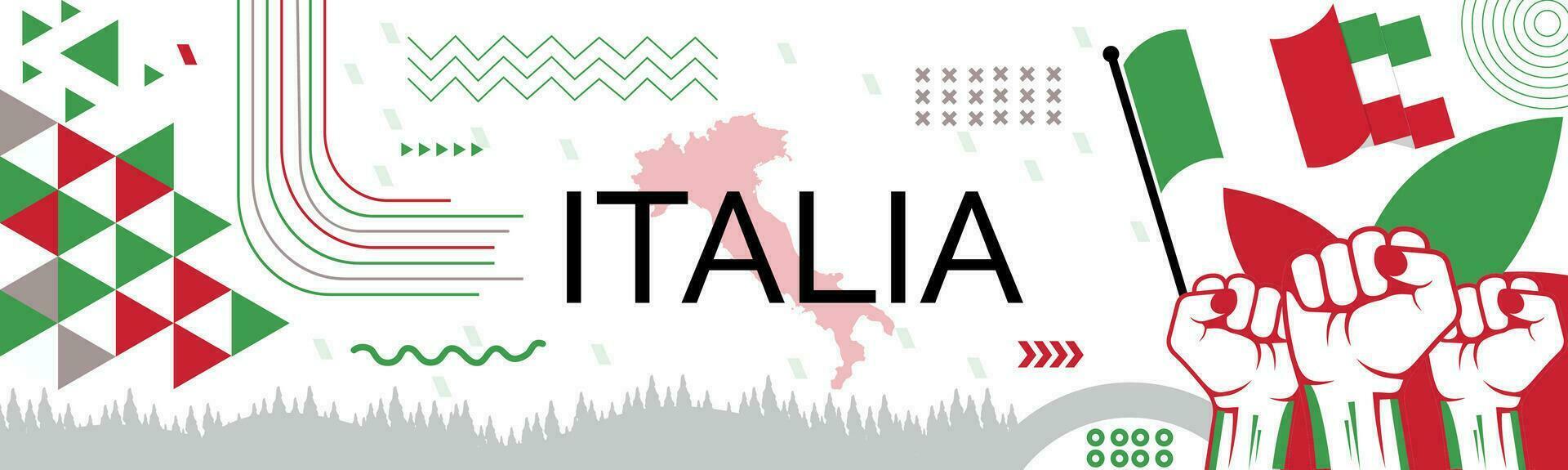 Italia national day banner with map, Flag of united arab emirates  colors theme background and geometric abstract retro modern colorfull design with raised hands or fists. vector