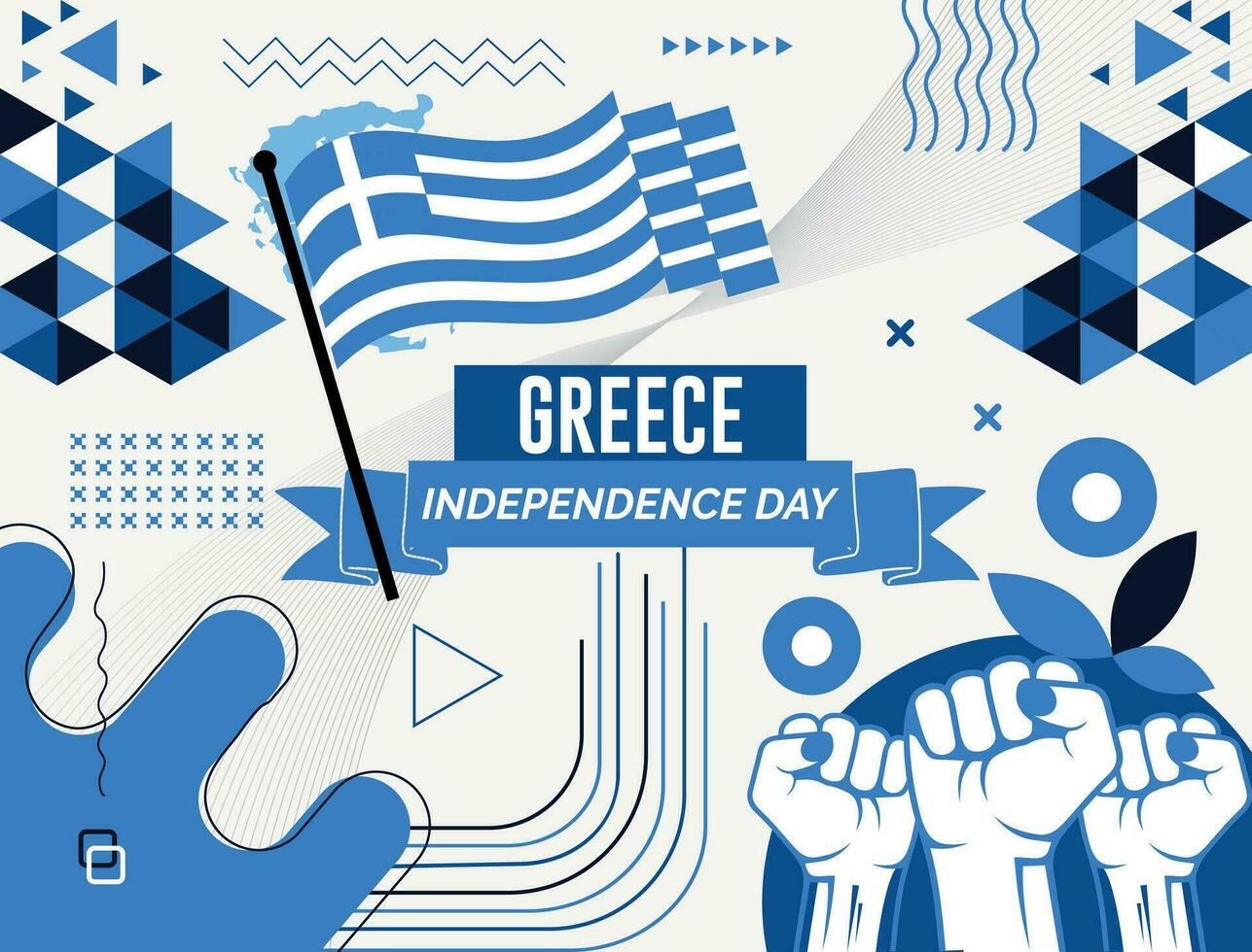 GREECE Map and raised fists. National day or Independence day design for GREECE celebration. Modern retro design with abstract icons. Vector illustration.