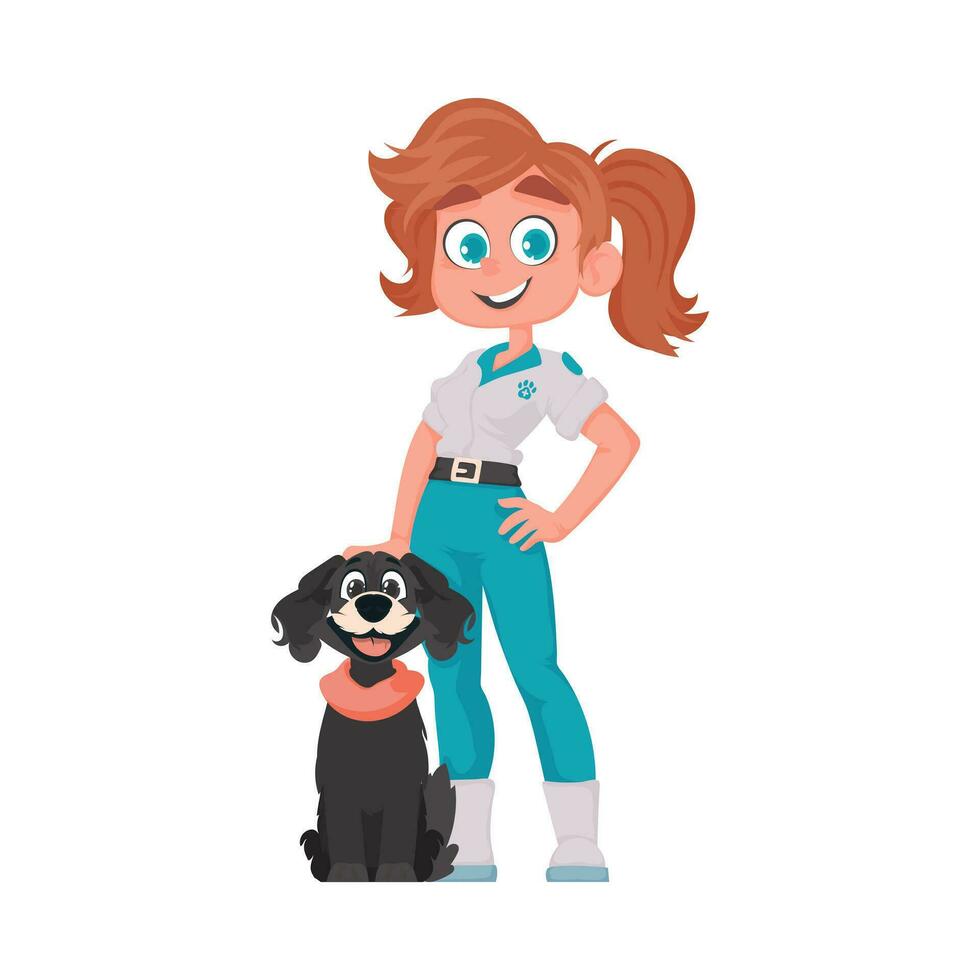 A happy woman who is a doctor for animals has an adorable dog Vector Illustration