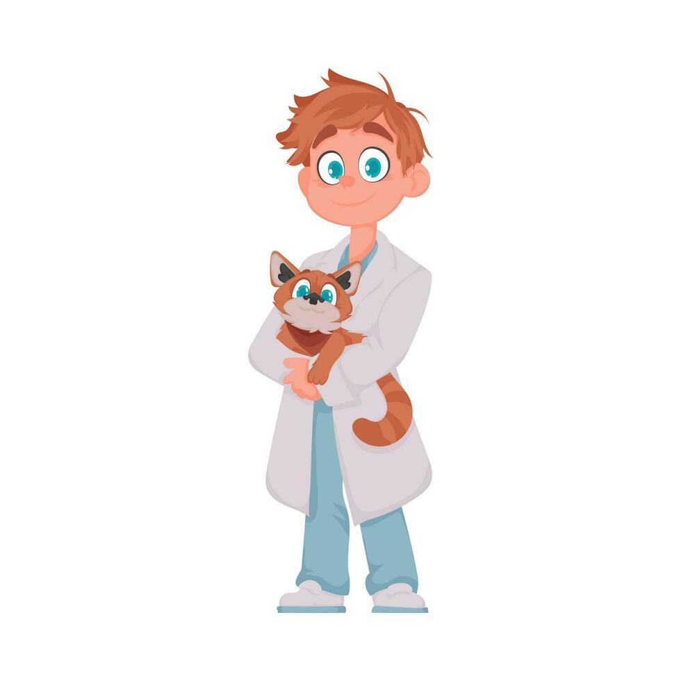 A man is glad and looks after animals, including a really cute cat Vector Illustration