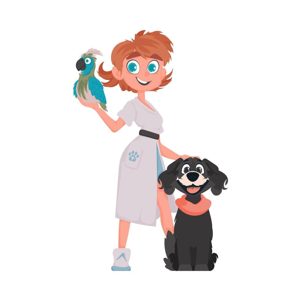 A woman holding a parrot and a dog vector
