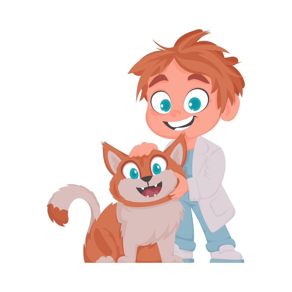 A cartoon boy holding a cat vector