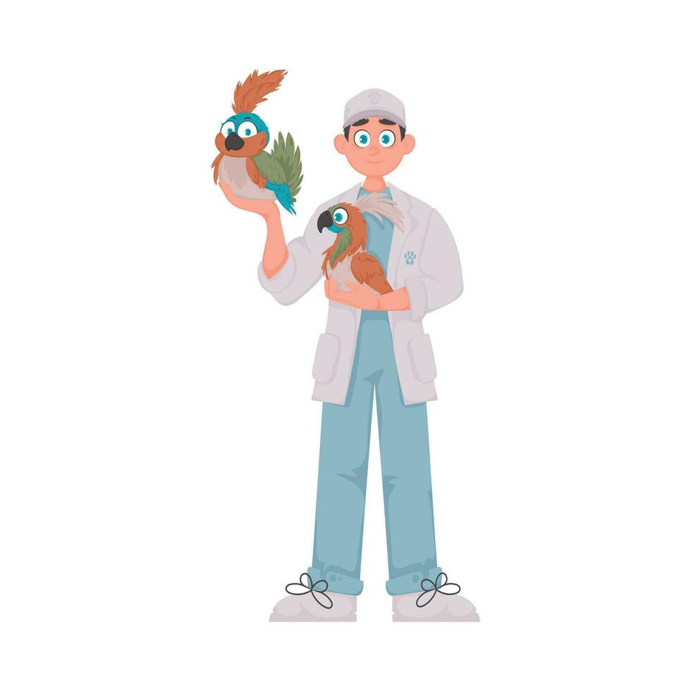 A joyful man who looks after animals and a large, brightly colored bird Vector Illustration