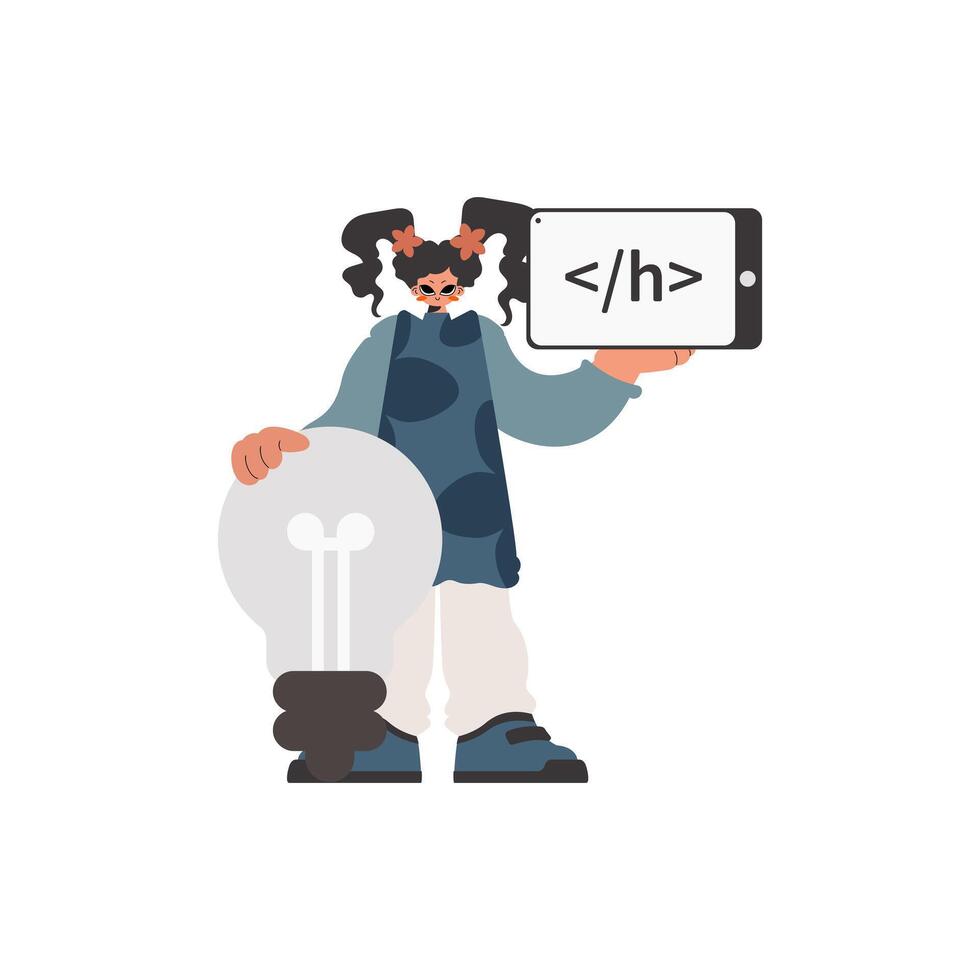 A cartoon character holding a light bulb and a computer screen vector