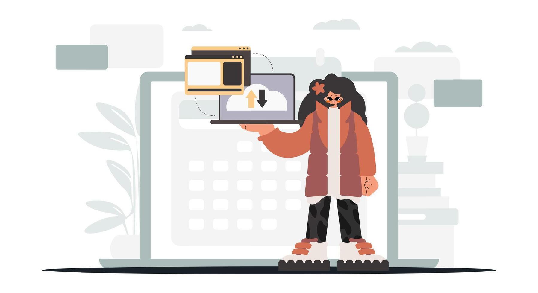 A woman holding a laptop and a phone vector