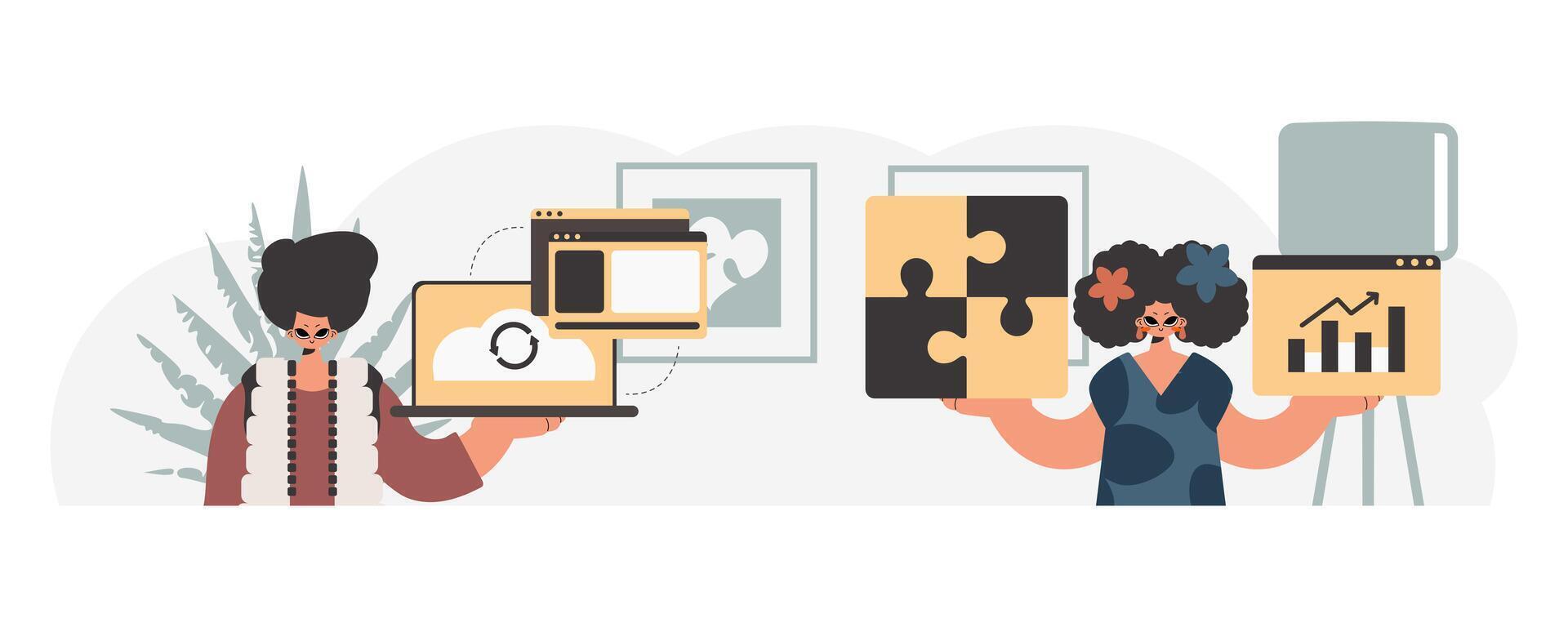Two people holding up a laptop and a tablet vector