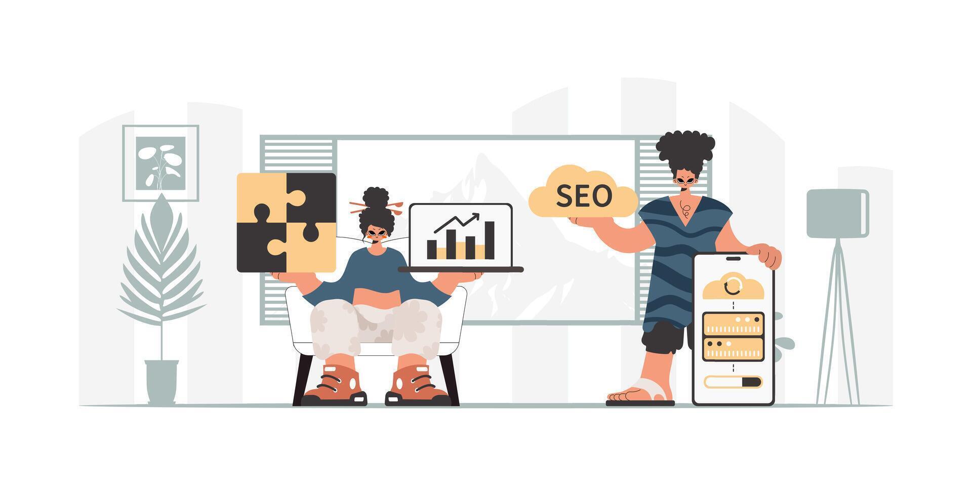 Two people are sitting at a table with a laptop and a laptop vector