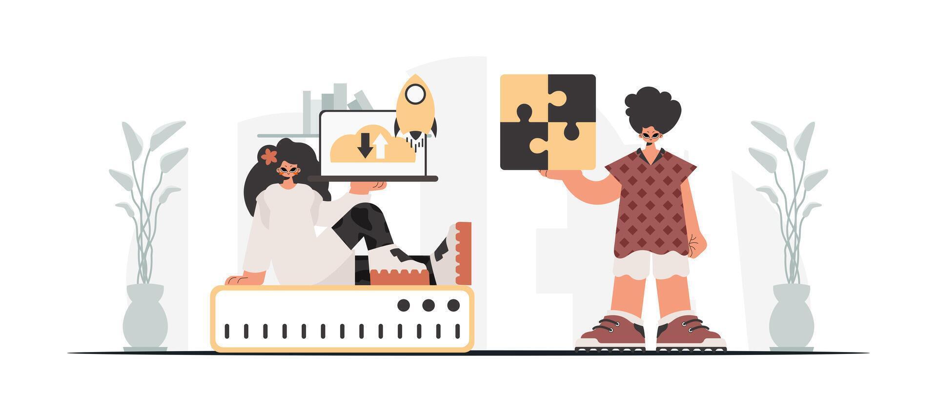 Two people are holding puzzle pieces and a laptop vector