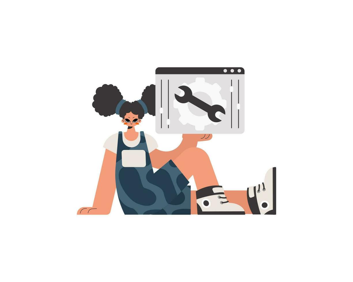 el energizado mujer es participación un navegador ventana con engranajes seo y web examinando sujeto. confinado. de moda estilo, vector ilustración