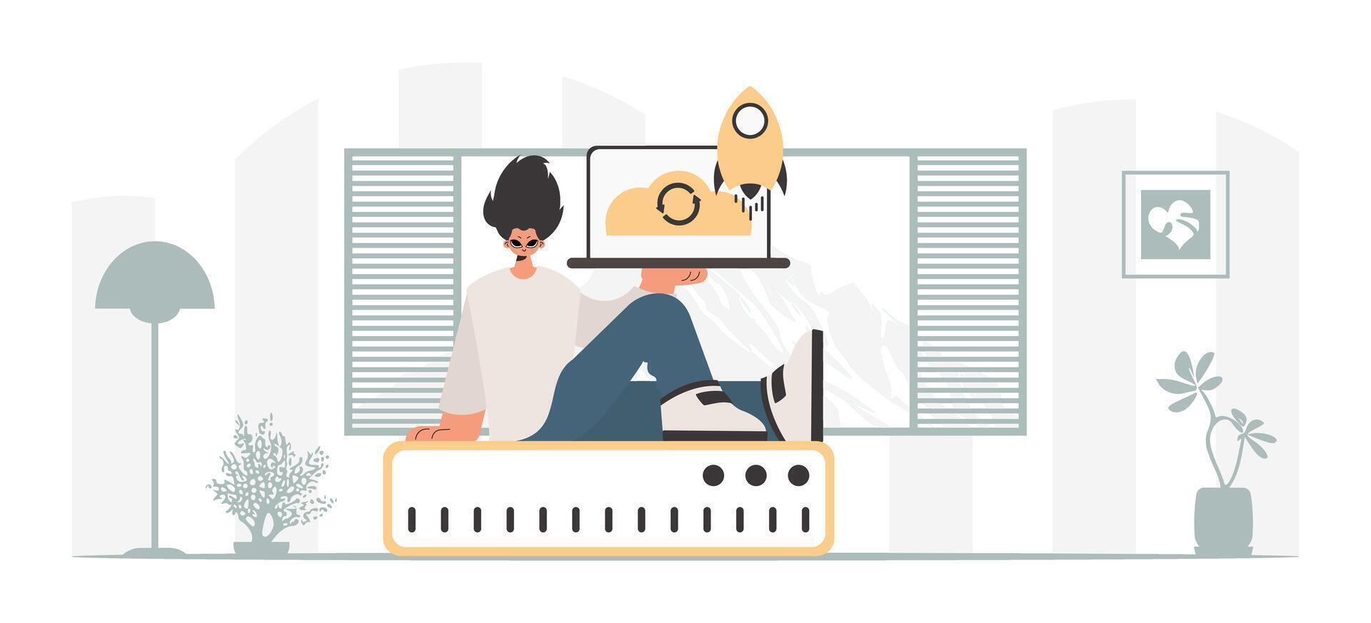 A man sitting on a chair with a laptop and a rocket vector