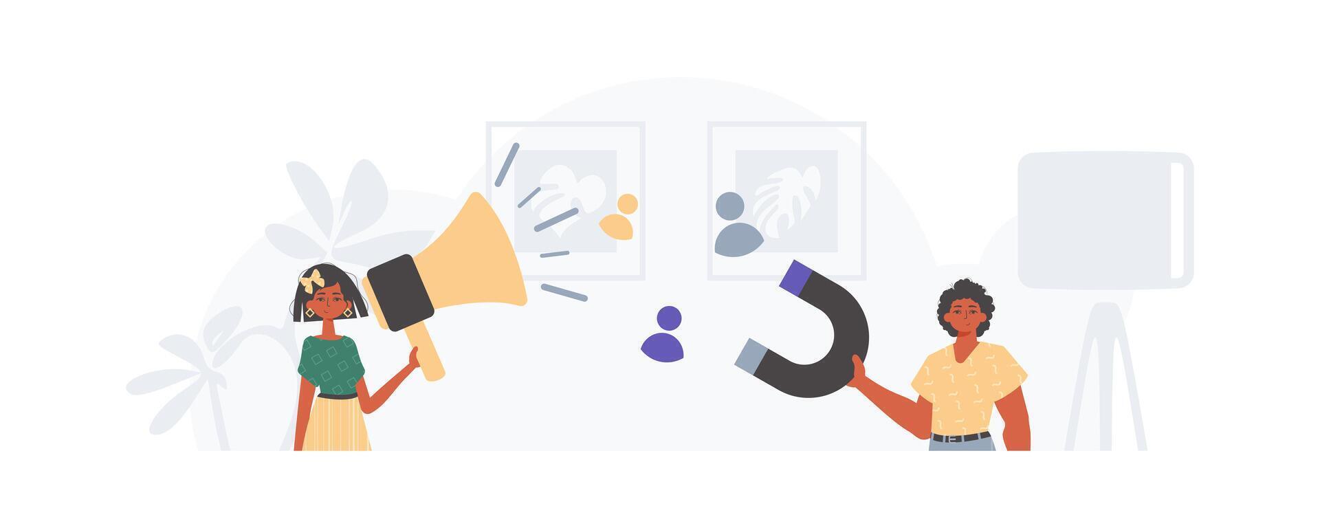 Two people are holding a megaphone and talking to each other vector