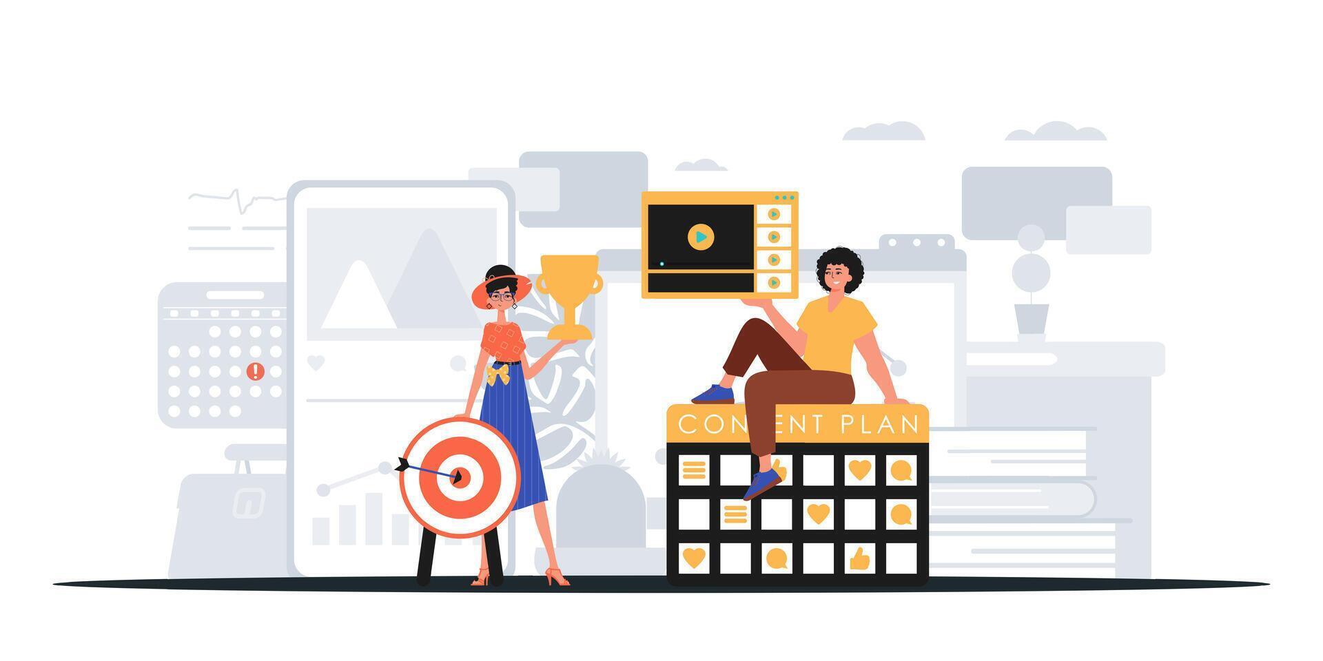 Two people are sitting on a table with a phone and a computer vector