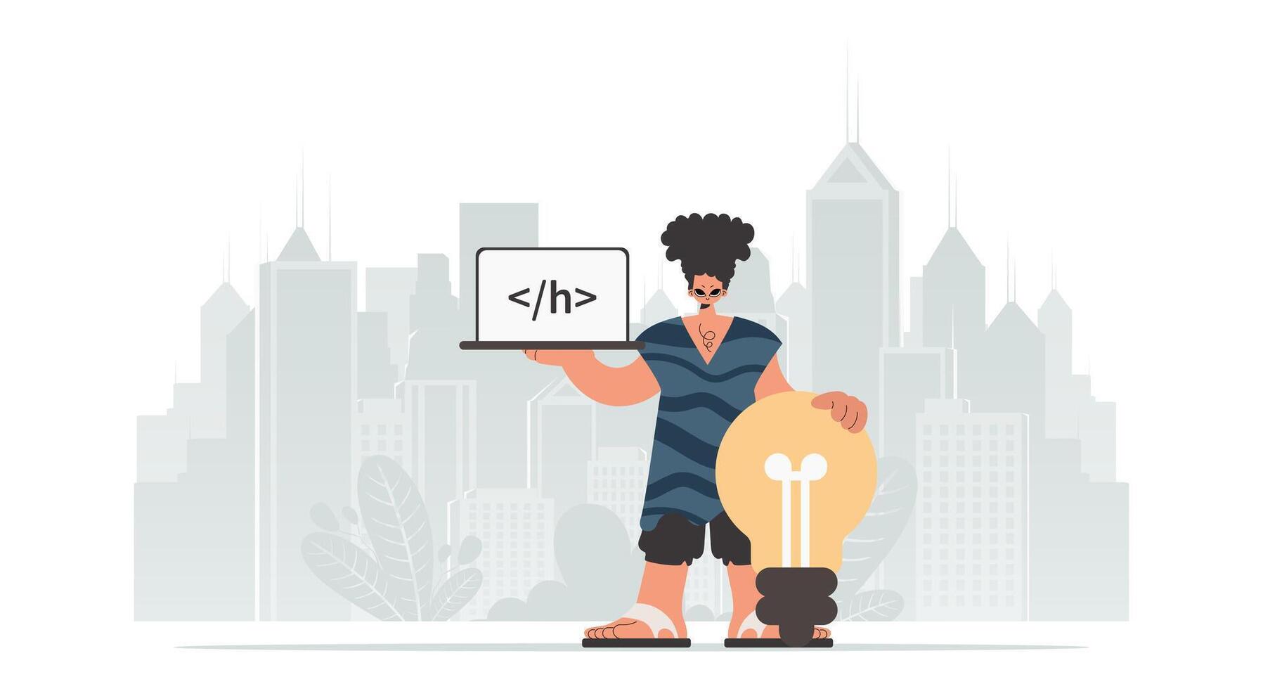 A man holding a laptop and a light bulb vector