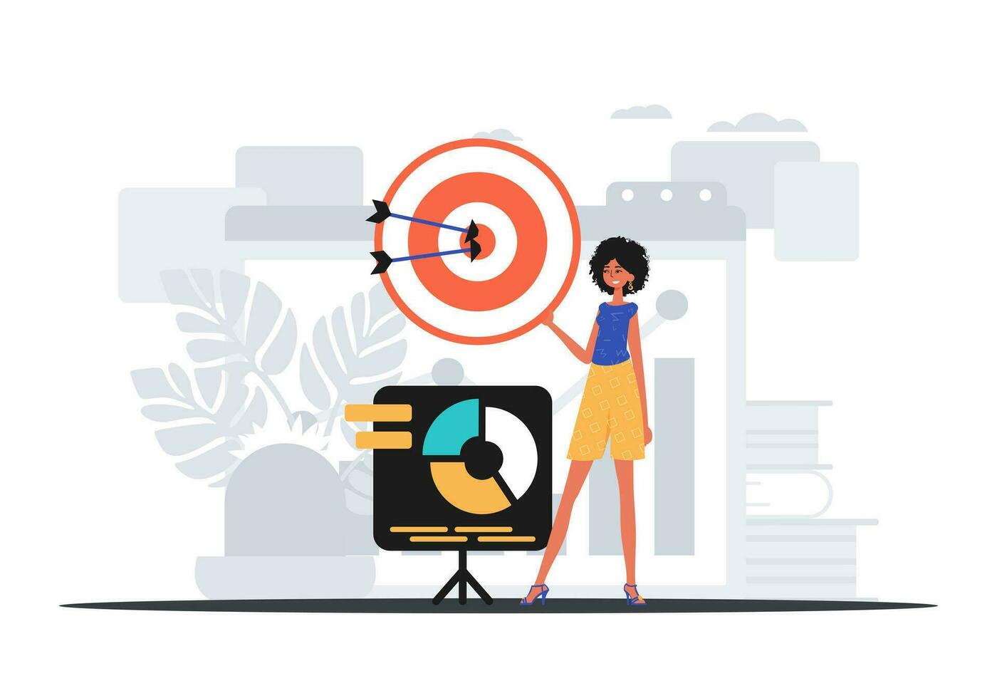The female child holds in his hand a target with arrow that hit the center . digital commercialize concept. Trendy style, Vector Illustration